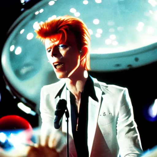 Image similar to david bowie performing on top of a spaceship in space