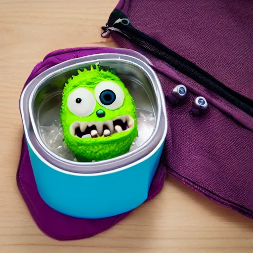 Image similar to cute monster in a lunch box by pixar, product photography, centered, studio lightning