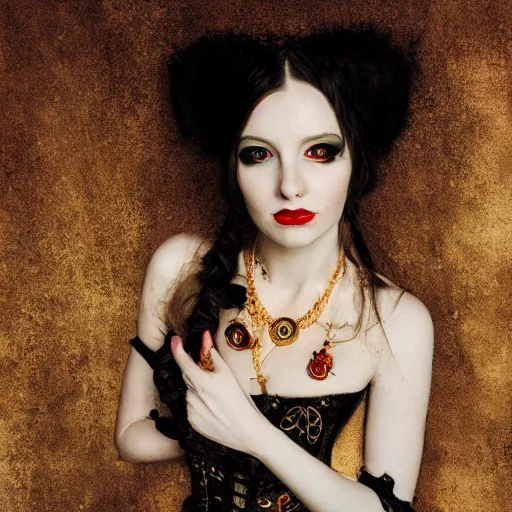 Image similar to A beautiful portrait of a lady vampire, steampunk, photography, 35mm, soft light, cinematic, klimt