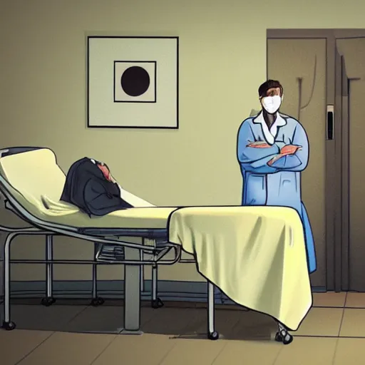 Prompt: faceless doctor standing over a patient bed menacingly, creepypasta, dark