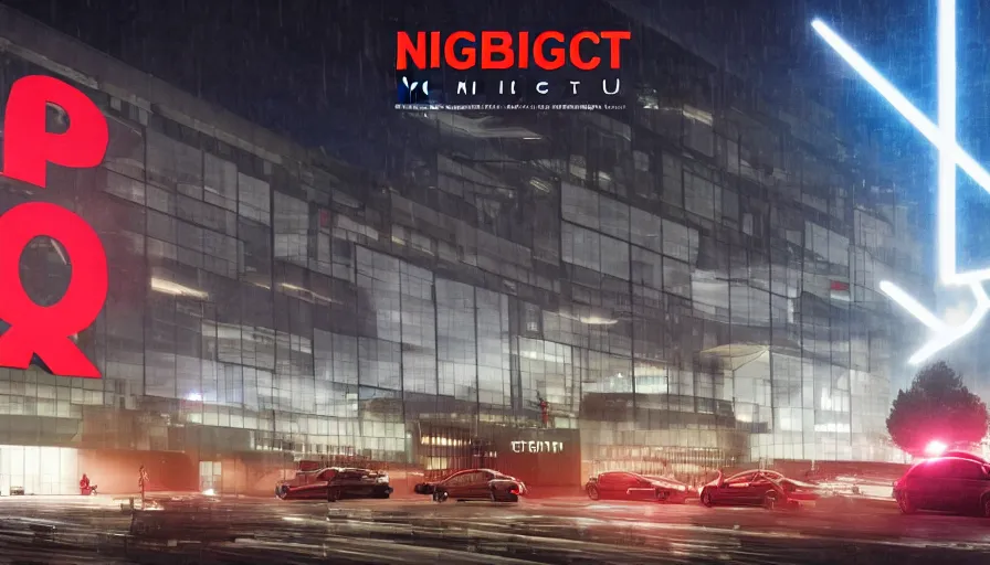 Image similar to big budget action movie about the exterior of a robotics corporation, night, raining, glowing red logo.