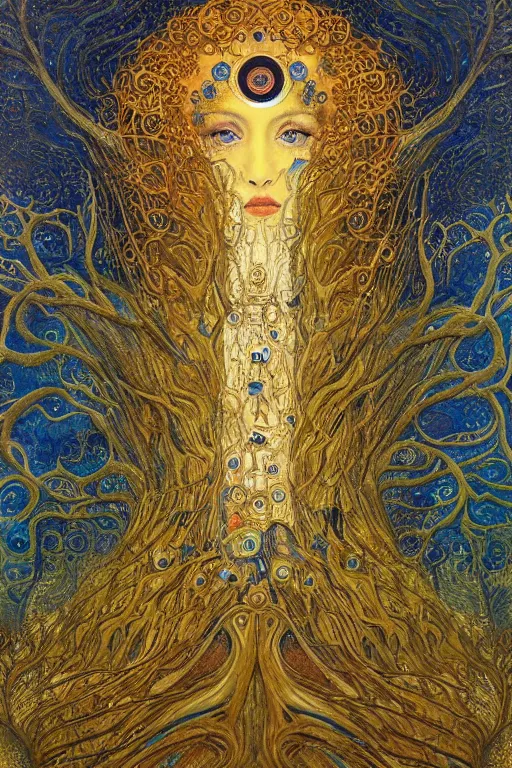 Image similar to Tree of Life by Karol Bak, Jean Deville, Gustav Klimt, and Vincent Van Gogh, Surreality, radiant halo, jeweled leaves, otherworldly, enigma, fractal structures, celestial, arcane, ornate gilded medieval icon, third eye, spirals