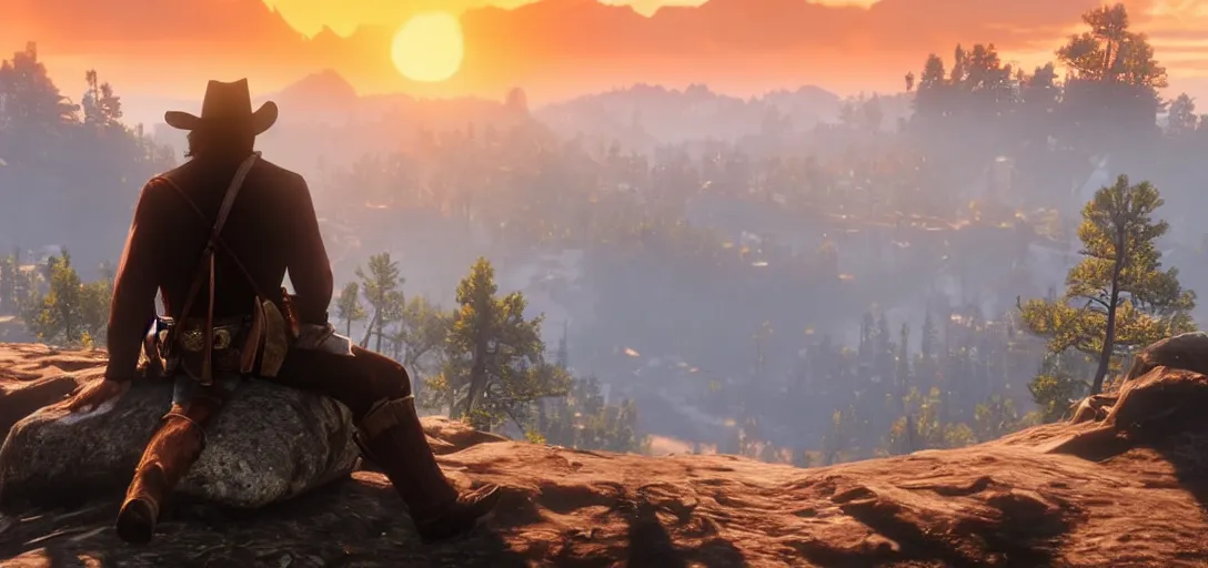 Prompt: Arthur Morgan from Red Dead Redemption 2 sitting at the top of a rocky mountain looking at a beautiful sunrise in the distance