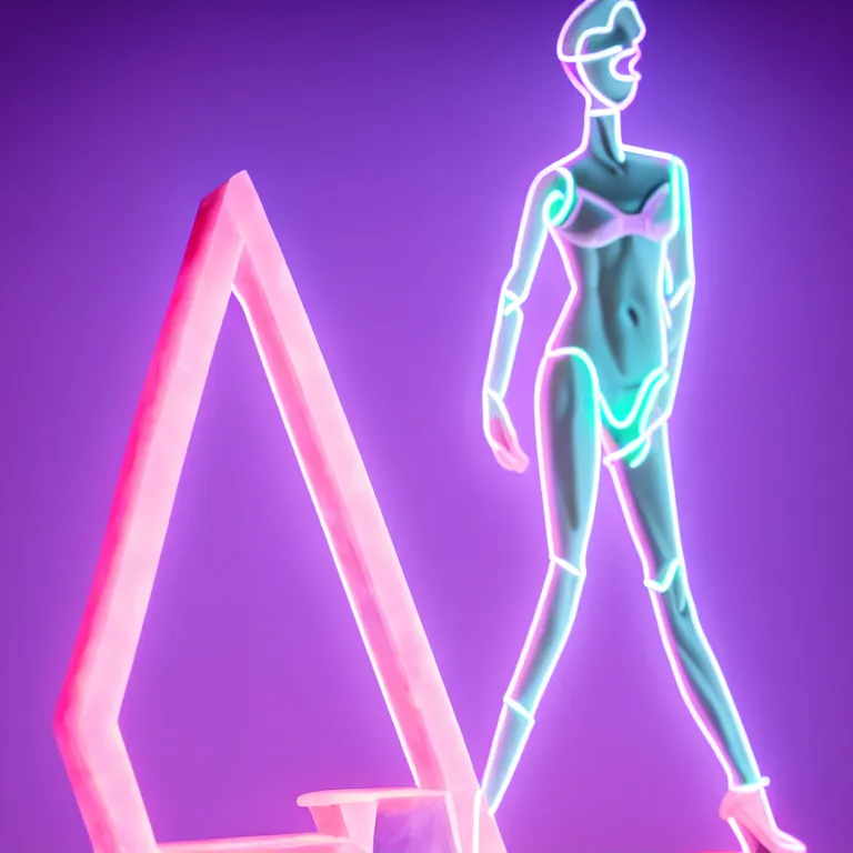 Image similar to beautiful mannequin sculpted out of amethyst by billelis + lit with 3 d geometric neon + doorway opening with neon pink geometric light + hosta flowers!!!, moon in background!!!!!!, rule of thirds, clean linework, dramatic, award winning, 4 k, trending on artstation, photorealistic, volumetric lighting, octane render