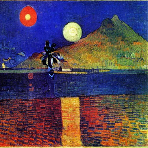 Image similar to view of tahiti at Night by gauguin, by piet mondrian