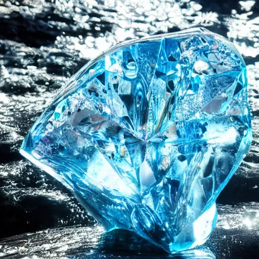 Prompt: Close shot of an otherworldly crystal lying in water from a river