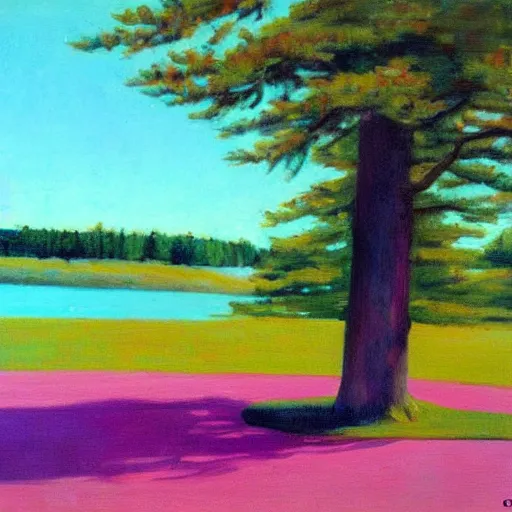 Image similar to beautiful pink tree beside a large lake landscape in the style of Edward Hopper