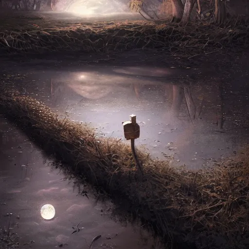 Image similar to a broken mirror, many pieces, cracked, broken, many shards, lying on the ground, reflection of the moon, very detailed, digital painting, oil painting, moonlight, dark night, hyperrealistic, fantasy art, highly detailed, beautiful, artstation, cgsociety, illustration by greg rutkowski