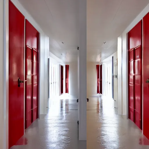 Prompt: a long all white hallway lined with red doors, liminal space,