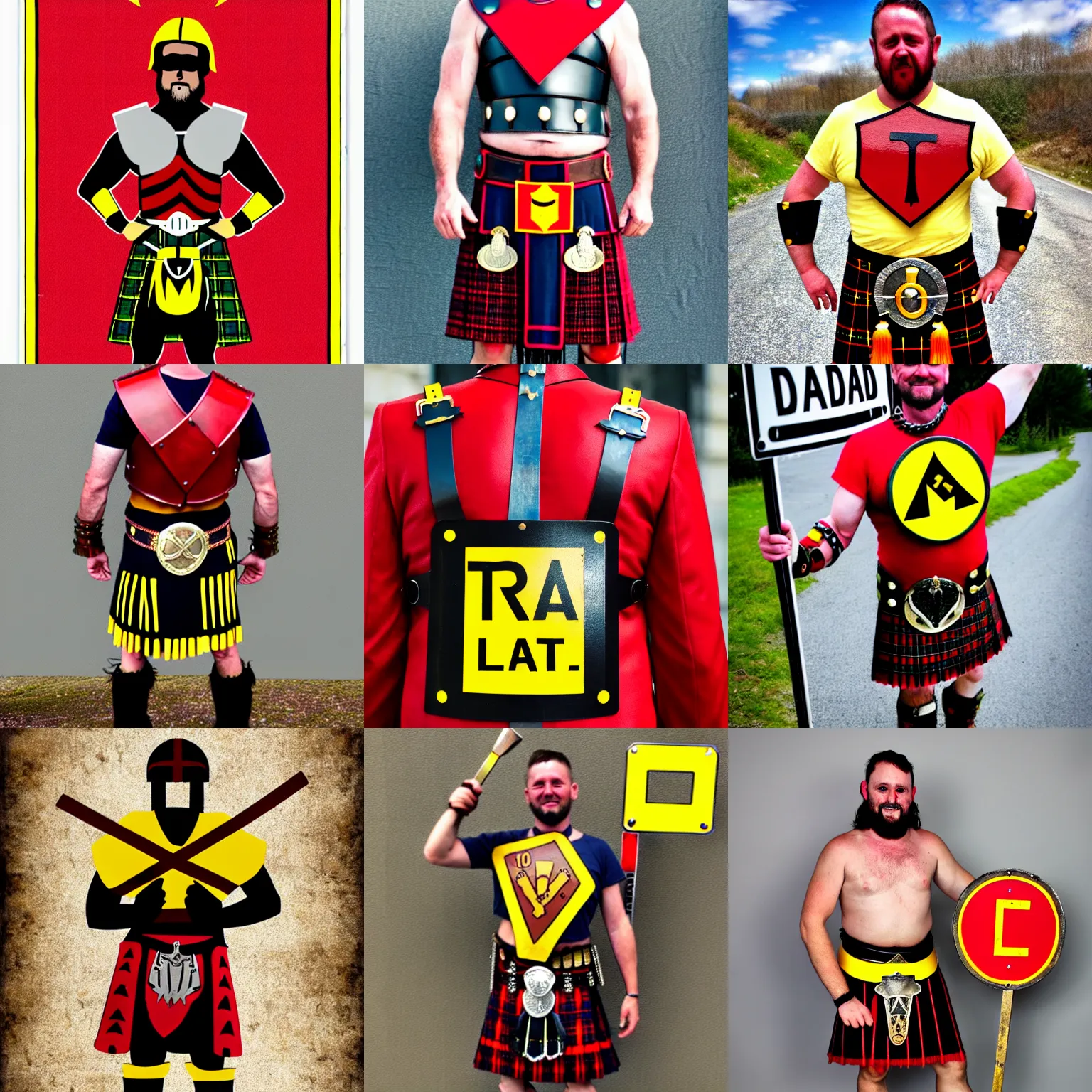 Prompt: gladiator wearing a road sign on his kilt, red and yellow road sign chestplate