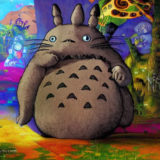 Prompt: totoro tripping on lsd, intricate detail, royo, klimt, miro, vallejo, frazetta, giger, whealan, hd, unreal engine,