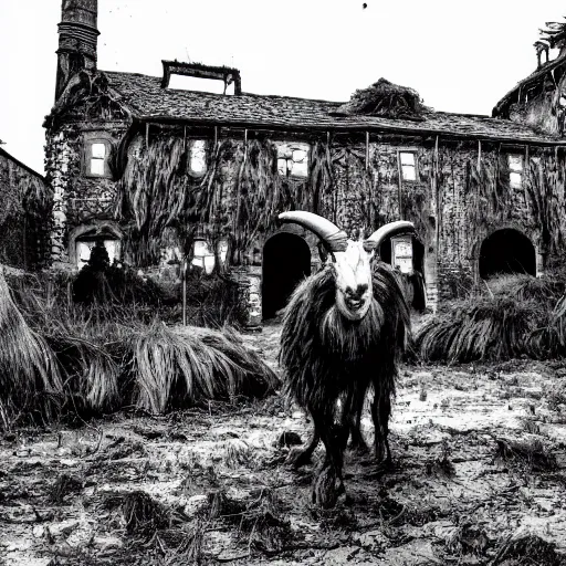 Image similar to horror, moody, still from film, daytime, muddy village square, wide shot, huge, roaring mutant goat monster, powerful, creeping along on ugly stumpy legs, filthy jagged teeth in unnaturally large mouth, matted dirty fur, in muddy medieval village square