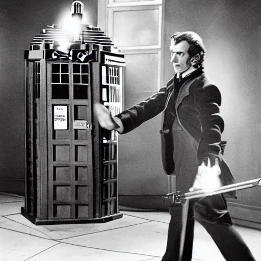 Prompt: William hartnel as Doctor Who fighting the daleks