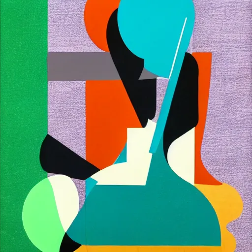 Image similar to portrait of a person playing guitar, abstract painting in the style of Sophie Taeuber-Arp and Gary Hume and Tatsuro Kiuchi, flat colour-block style, geometric abstraction, dark colours