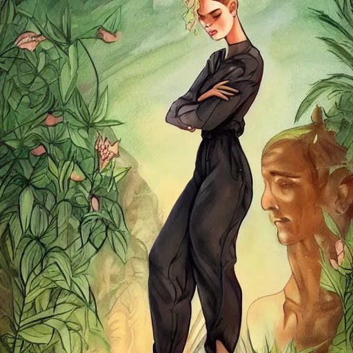 Prompt: modest short - haired tattooed heroic stoic handsome muscular blonde butch tomboy woman engineer in jumpsuit standing beside taller dark fae feathered modest gothic jennifer connelly in long dress, standing together in a beautiful lush garden at night, in love, highly detailed, trending on art station, illustration, oil painting, comic book