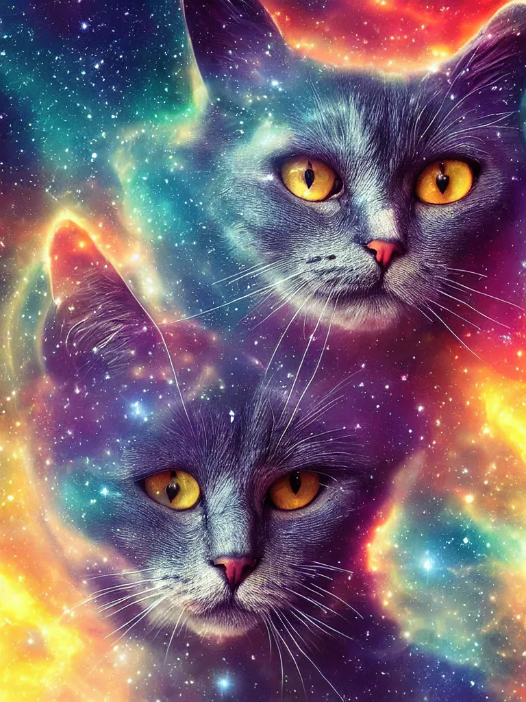 Prompt: cat portrait blended with a celestial epic vibrant cinematic fantasy space image of a sparkling ethereal oceanic silky cosmic universe, celestial cosmos, nasa photos, artstation