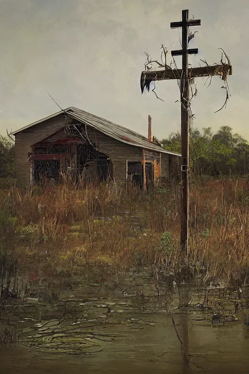 Image similar to scene fromlouisiana swamps, old protestant church with neon cross, junkyard by the road, boy scout troop, voodoo artwork by tim eitel