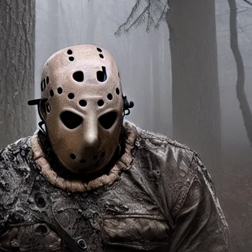 Prompt: A still image of Jason Voorhees in the woods foggy very detail 4K quality super realistic