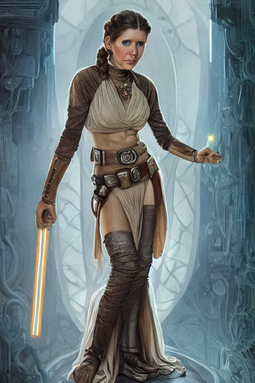 Prompt: Young Carrie Fisher wearing her slave outfit from Star Wars, cute, fantasy, intricate, elegant, highly detailed, digital painting, 4k, HDR, concept art, smooth, sharp focus, illustration, art by artgerm and H R Giger and alphonse mucha