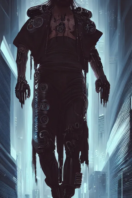 Image similar to a full length portrait of cyberpunk jesus, grim - lighting, high - contrast, intricate, elegant, highly detailed, digital painting, artstation, concept art, smooth, sharp focus, illustration