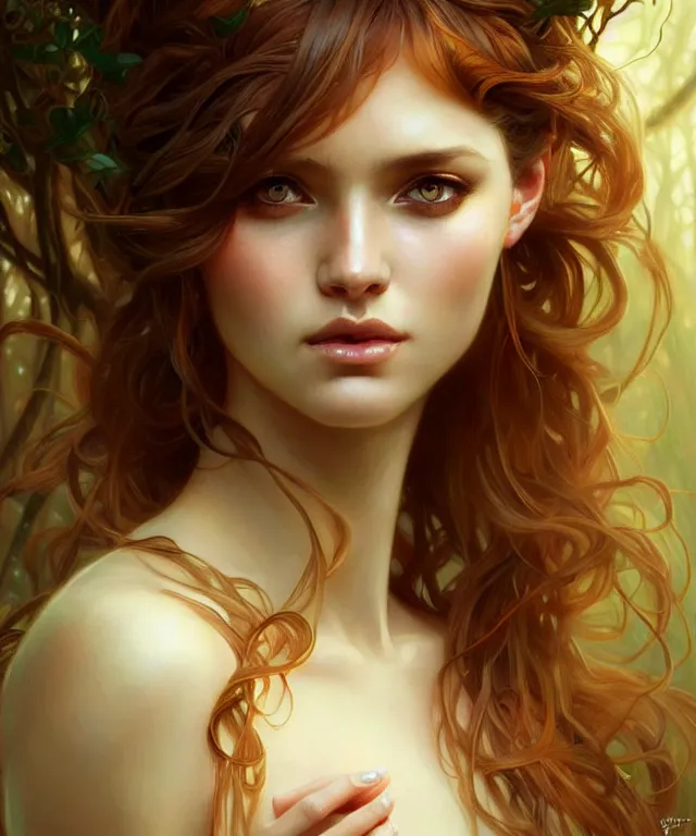 Image similar to Forest nymph woman portrait, amber eyes, face, long hair, fantasy, intricate, elegant, highly detailed, digital painting, artstation, concept art, smooth, sharp focus, illustration, art by artgerm and greg rutkowski and alphonse mucha