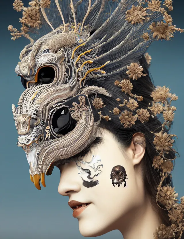 Prompt: 3 d goddess close - up profile portrait with crown, ram skull. beautiful intricately detailed tribal japanese crow kitsune mask and clasical japanese kimono. betta fish, jellyfish phoenix, bio luminescent, plasma, ice, water, wind, creature, artwork by tooth wu and wlop and beeple and greg rutkowski