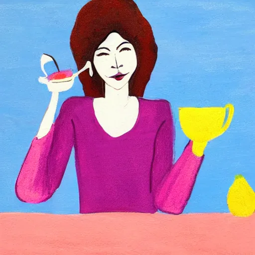 Image similar to beautiful lady, drinking tea, fruit basket, painting, abstract, clean shapes, pastel colors, ink lines