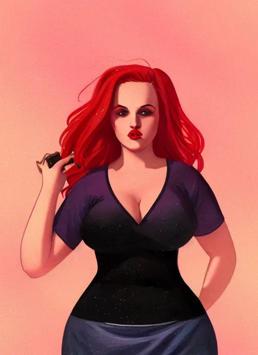 Image similar to full body portrait of teenage cheryl blossom, obese, bangs, green eyes, sultry, realistic, red hair, sultry smirk, wavy hair, pink skirt, fat, intricate, elegant, glowing lights, highly detailed, digital painting, artstation, concept art, smooth, sharp focus, illustration, art by wlop, mars ravelo and greg rutkowski