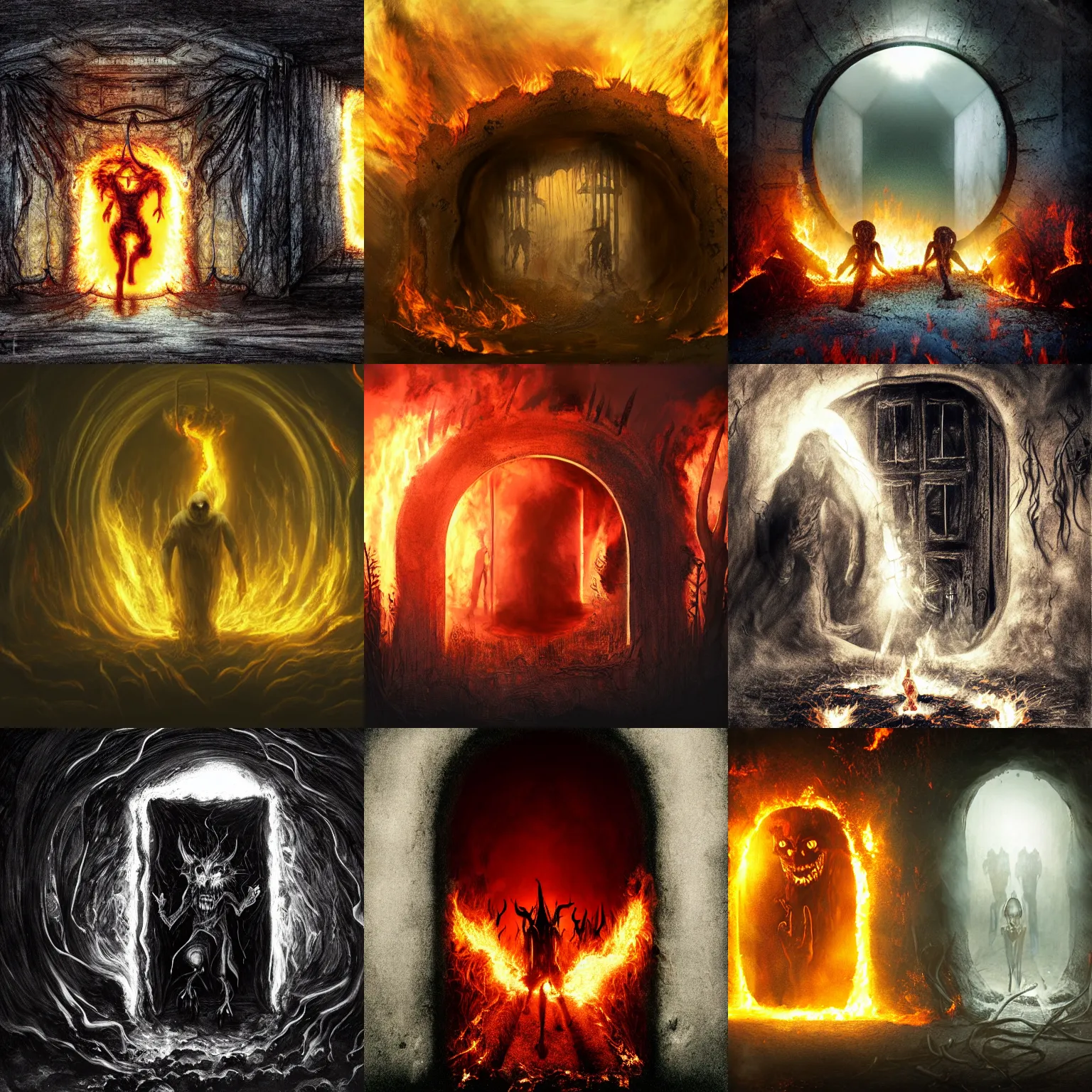 Prompt: photograph of demons entering through a burning portal in the ground, dark figurings, horror art, concept art