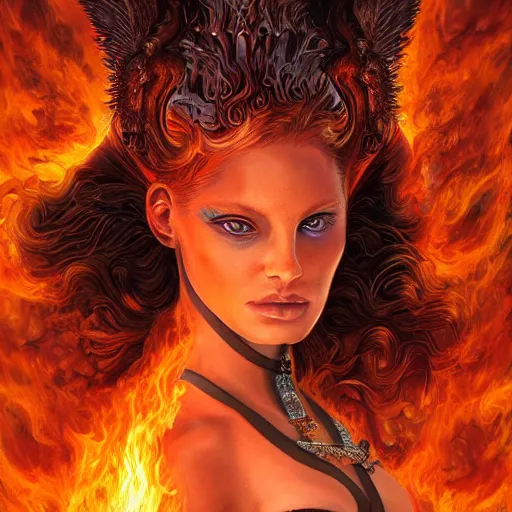 Image similar to A stunning portrait of a goddess with a body of flames by Jim Burns, 8K UHD, intricate, fantasy, Trending on artstation.