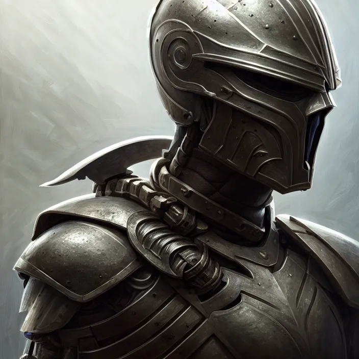 Prompt: portrait of a man wearing cyborg armor, Spartan hoplite design, subject in the center of the frame, wide angle shot, diffuse lighting, fantasy, intricate, elegant, highly detailed, lifelike, photorealistic, digital painting, artstation, illustration, concept art, smooth, sharp focus, art by John Collier and Albert Aublet and Krenz Cushart and Artem Demura and Alphonse Mucha