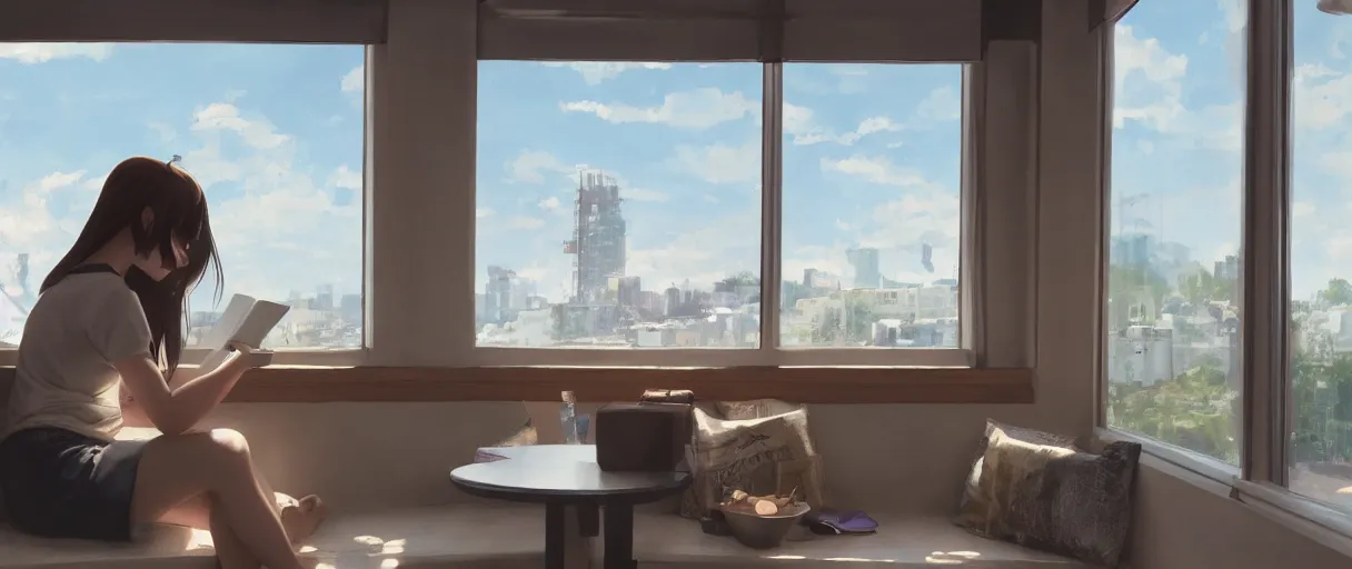 Prompt: A beautiful teen girl reading in a window seat in a coffee shop, 4k, lifestyle, light, mood, cinematic lighting rendered, by Makoto Shinkai,