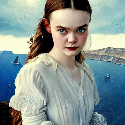 Image similar to Elle Fanning in Santorini at night, head and shoulders portrait, stormy weather, extremely detailed masterpiece, Roger Deakin’s cinematography, oil on canvas, Norman Rockwell,