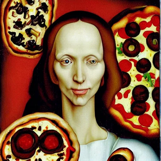 Image similar to skinny lady with red hair covered by pizzas in Hell, painted in style of Hans Memling