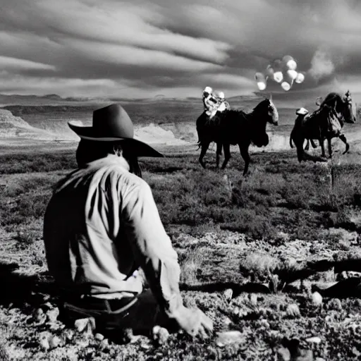 Image similar to black and white television movie, cowboys and indians, ice, black balloons, canyon, ambush smoke signals, blood brothers