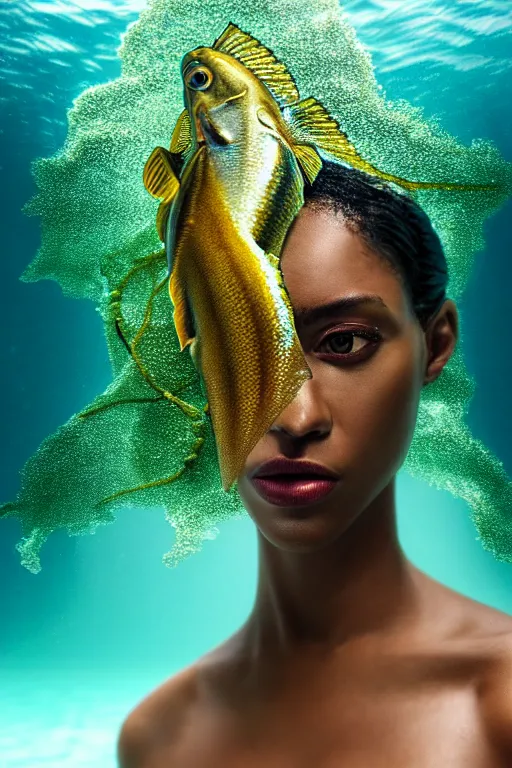 Image similar to hyperrealistic precisionist cinematic half underwater scene with fish and algae, very expressive! translucent elegant african goddess getting out of water, gold jewerly, highly detailed face, digital art masterpiece, aykut aydogdu zener, dramatic volumetric light, long shot, low angle uhd 8 k, sharp focus