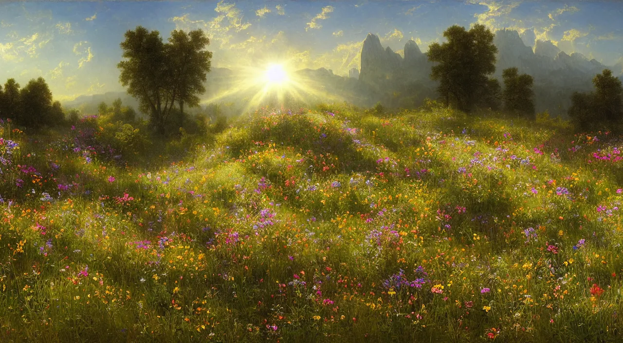 Prompt: rhythmic interval tectonic surfaces as resonant waves of harmonic organic mystical megastructure crystal lattices in a meadow full of wildflowers by albert bierstadt, by glen small, photorealistic, god rays, octane, depth of field,