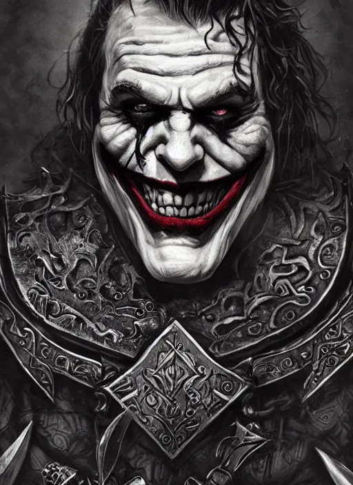 Image similar to portrait of the joker as a viking viking in skyrim valheim, splash art, artwork by james jean, hyperdetailed realistic