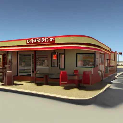 Image similar to photorealistic 1960s diner cafe in the middle of a desert,