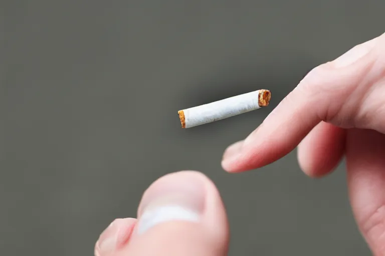 Image similar to cigarette in five fingers, thin soft hand holding cigarette, hyper realistic, natural