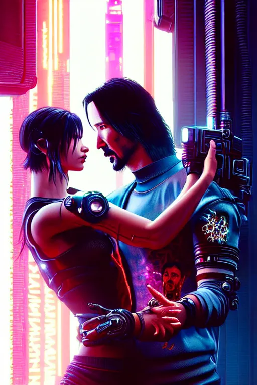 Prompt: cyberpunk 2077 couple portrait of Keanu Reeves and V in love story, fantasy, captivating dynamic facial expression, intricate, elegant, dramatic lighting, emotionally evoking symbolic metaphor, highly detailed, lifelike, photorealistic, digital painting, artstation, concept art, smooth, sharp focus, illustration, art by John Collier and Albert Aublet and Krenz Cushart and Artem Demura and Alphonse Mucha