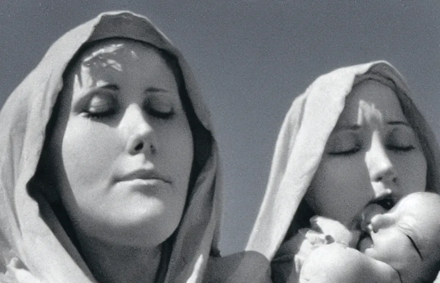 Image similar to mother mary crying blood tears, blue sky in background, 60mm grainy vintage photograph