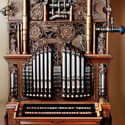 Prompt: steampunk pipe organ, intricate detail, mechanical