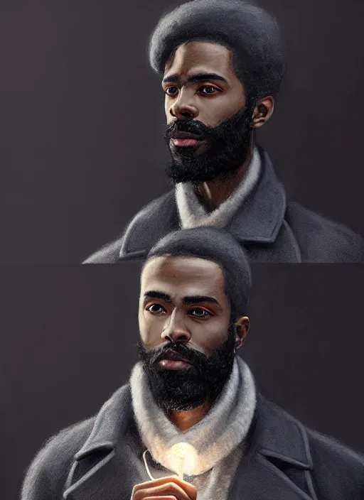 Image similar to portrait of handsome black man wearing grey peacoat, luxury townhome interior, beard, wealth and luxury, elegant atmosphere, glowing lights, highly detailed, digital painting, artstation, concept art, smooth, sharp focus, illustration, art by wlop, mars ravelo and greg rutkowski