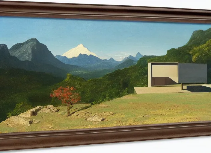 Prompt: painting of a tadao ando house in front of beautiful mountains by thomas cole