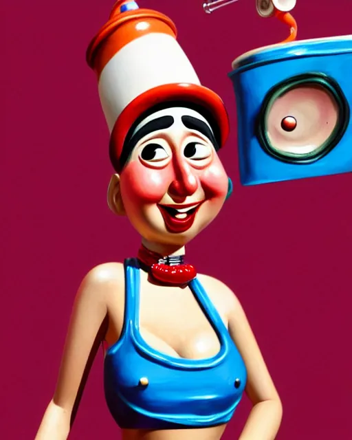 Image similar to closeup profile face profile portrait of a tin toy schlitzie as a waitress in a diner, bikini, hyper realistic, artstation, illustration, concept art by dan decarlo, digital paint, matte paint, vivid colors, bright, cheerful, detailed and intricate environment