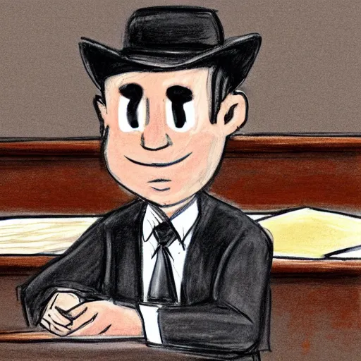 Image similar to courtroom sketch of the hamburgler sitting in the witness stand looking fearful