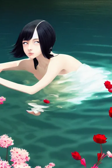 Image similar to mysterious girl with her long black hair dressed in a simple white dress swimming in a lake with flowers, anime art style, digital art by ilya kuvshinov, inspired by balthus, hd, 4 k, hyper detailed, side view