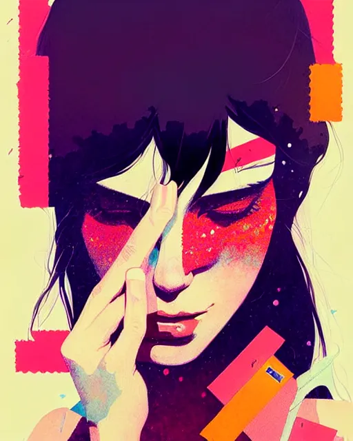 Image similar to a ultradetailed beautiful painting of a stylish woman with colorful band - aids, concert poster, retro, by conrad roset, greg rutkowski and makoto shinkai