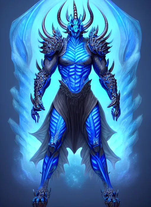 Image similar to muscular and tall blue ghostly fire humanoid dragon!!!! draconian!! intricate ornate iridescent heavy armor!! character concept art, sharp focus, octane render! unreal engine 5! highly rendered!! trending on artstation!! detailed linework!! illustration by artgerm, wlop, and chie yoshii